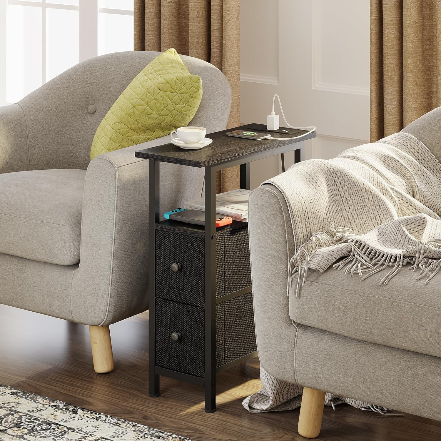 End Table with Charging Station, Narrow Side Table with 2 Fabric ...