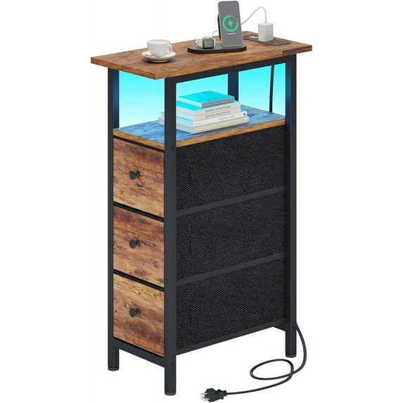 End Table with Charging Station, Narrow Side Table with 3 Fabric Drawers, Skinny Nightstand with LED Light, Slim Bedside Table for Bedroom, Living Room, Small Spaces, Rustic Brown