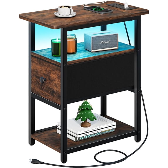 End Table with Charging Station, Narrow Side Table with Adjustable Fabric Drawer, 3-Tier End Tables Living Room, Small Nightstand with Outlets, LED Skinny Night Stand for Bedroom Small Spaces