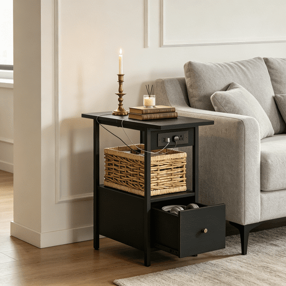 End Table with Charging Station, Narrow Side Table with Drawer and USB Ports & Power Outlets, Nightstand Bedside Table for Small Spaces, Bedroom, Living Room, Black, Set of 2