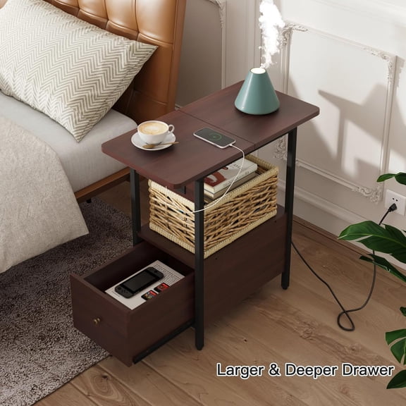 End Table with Charging Station, Narrow Side Table with Drawer and USB Ports & Power Outlets, Nightstand Bedside Tables for Small Spaces, Bedroom, Living Room, Dark Cherry
