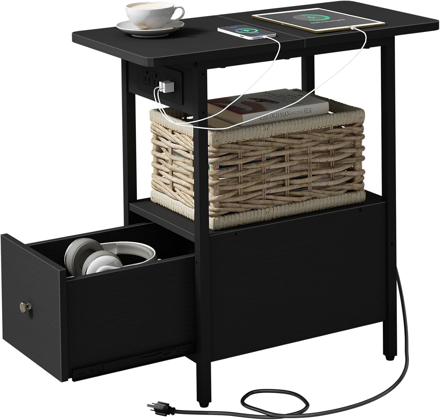 End Table with Charging Station, Narrow Side Table with Drawer and USB ...