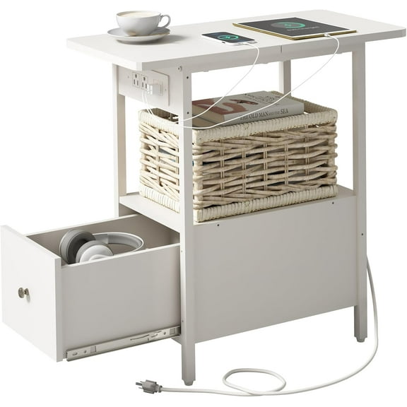 End Table with Charging Station, Narrow Side Table with Drawer and USB Ports & Power Outlets, Nightstand Bedside Tables for Small Spaces, Bedroom, Living Room, White