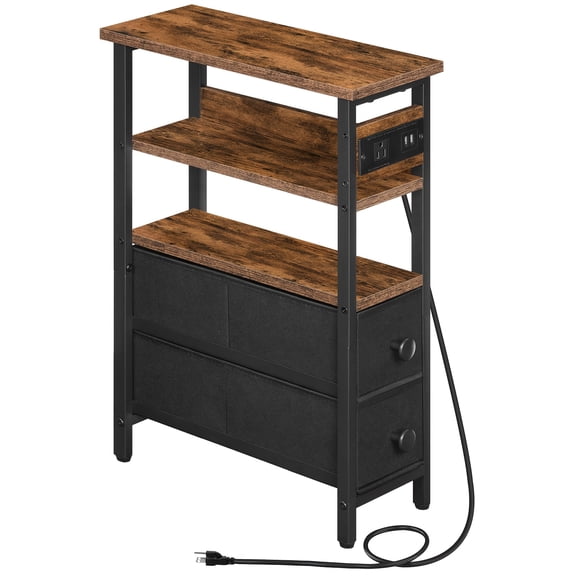 End Table With Charging Station, Narrow Side Table With Fabric Drawers, Slim Nightstand With Storage, Thin Bedside Table, For Living Room, Small Spaces, Rustic Brown And Black, Black