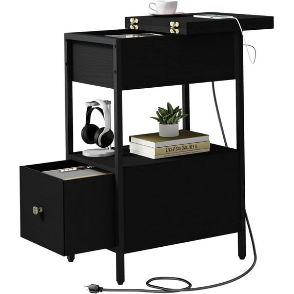 End Table with Charging Station, Narrow Side Table with Flip Top Cabinet and Fabric Drawer, Nightstand Bedside Tables for Small Spaces, Bedroom, Living Room, Black