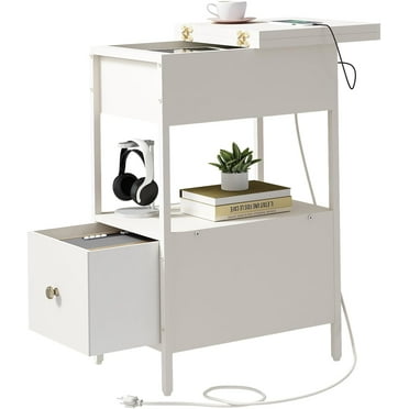 End Table with Charging Station, Narrow Side Table with Flip Top Cabinet and Fabric Drawer, Nightstand Bedside Tables for Small Spaces, Bedroom, Living Room, Rustic Brown