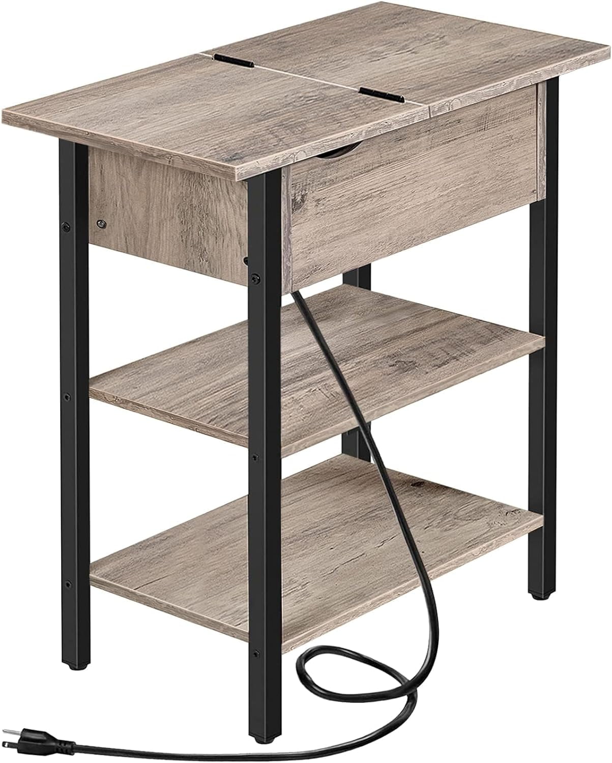 Greige and Black Rectangular End Table with Storage and USB Ports