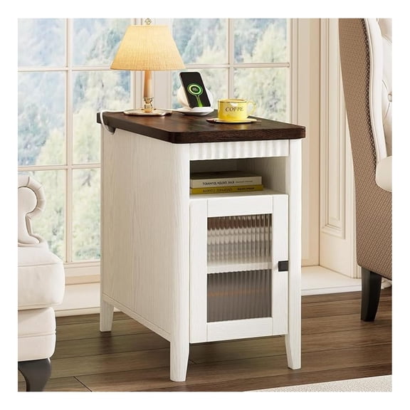 End Table with Charging Station, Narrow Side Table for Living Room, Farmhouse Night Stand with Storage Cabinet, Wood Bedside Table for Bedroom Small Space, White