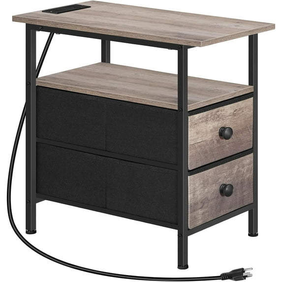 End Table with Charging Station, Narrow Side Table, Nightstand with 2 Non-Woven Drawers, Slim Sofa Side Table, for Small Spaces, Living Room, Bedroom, Greige and Black BG486UBZ01
