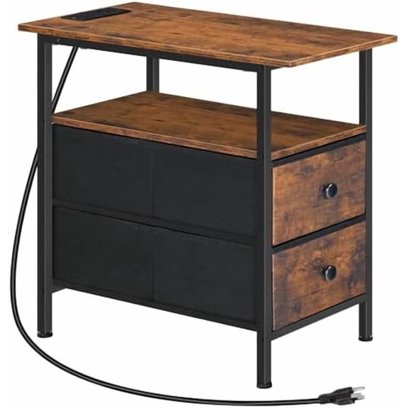 End Table with Charging Station, Narrow Side Table, Nightstand with 2 Non-Woven Drawers, Slim Sofa Side Table, for Small Spaces, Living Room, Bedroom, Rustic Brown and Black BF486UBZ01