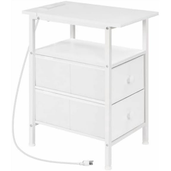 End Table with Charging Station, Narrow Side Table, Nightstand with 2 Non-Woven Drawers, Slim Sofa Side Table, for Small Spaces, Living Room, Bedroom, White WT486UBZ01