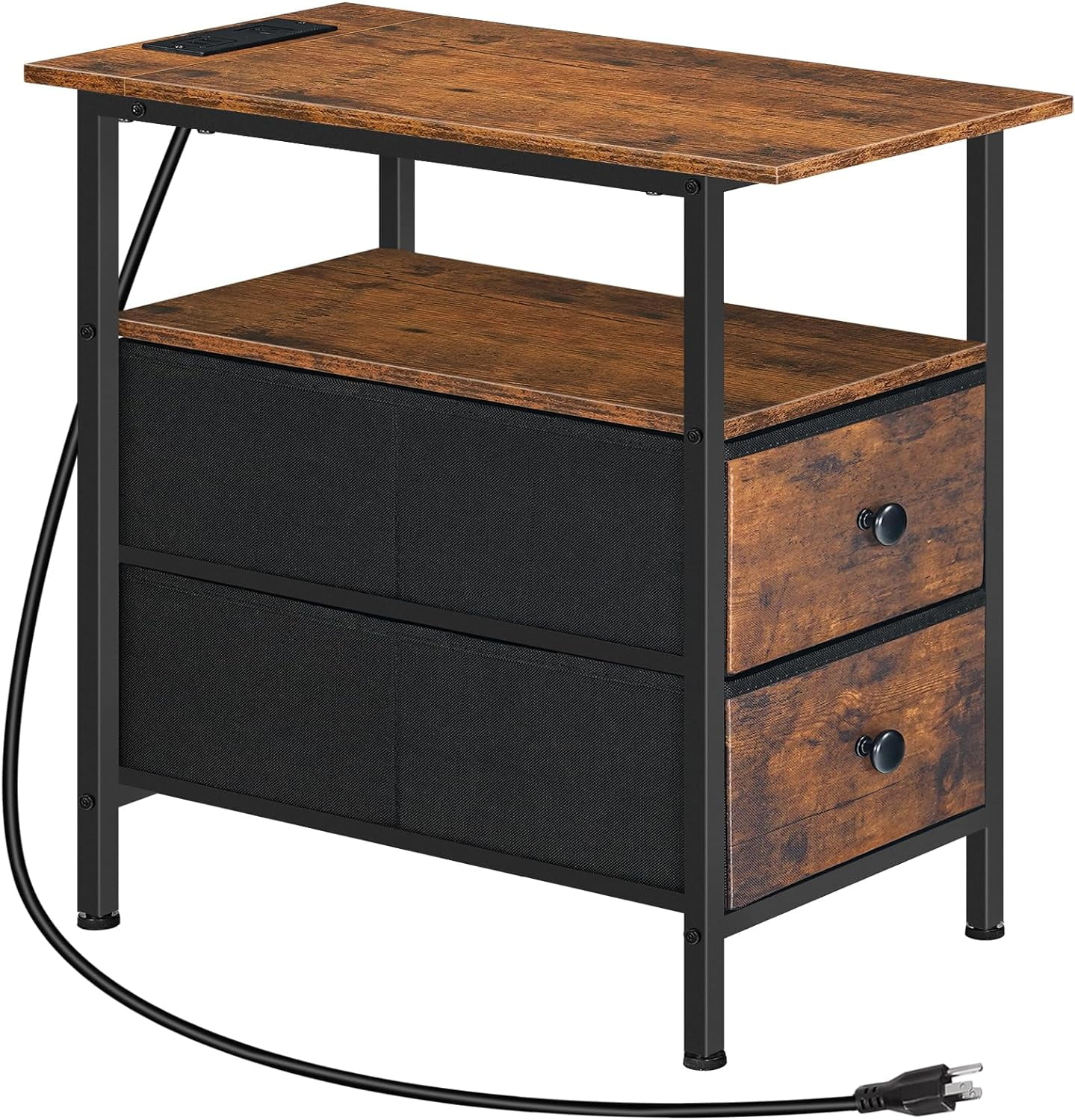 End Table with Charging Station, Narrow Side Table, Nightstand with 2 NonWoven Drawers, Slim