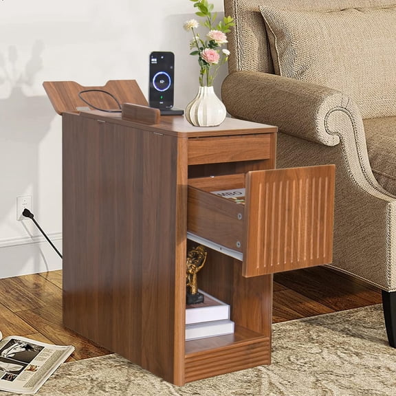 End Table with Charging Station, Narrow Side Table with Storage, Drawer and Wheels, Flip Top Mid Century Modern Nightstand with USB Ports and Outlets for Living Room, Bedroom, Office (Walnut)