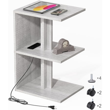 Side Table with Charging Station, 3 Tier Narrow Nightstand, End Table with Wheels for Small Spaces,Living Room,Bedroom