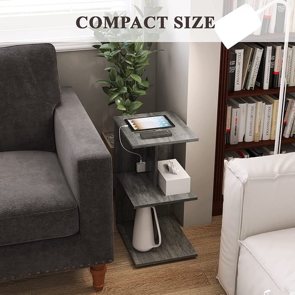 End Table with Charging Station, Narrow Side Tables for Small Spaces with USB Ports and Outlets Rolling Bedside Nightstand Sofa Couch Slim Shelf Night Stand for Living Room, Bedroom, Grey$$Furniture