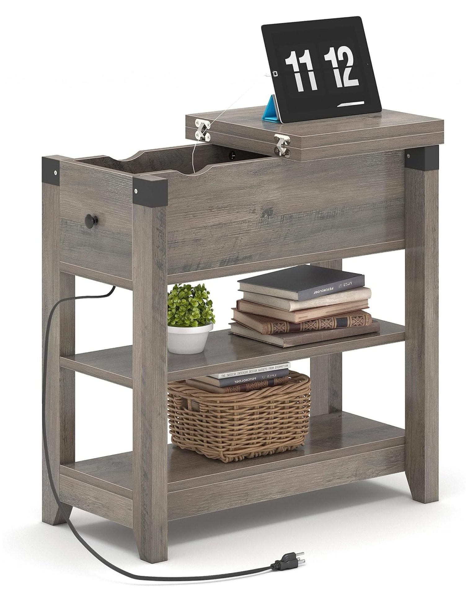 End Table with Charging Station, Narrow Side Table with USB Ports and