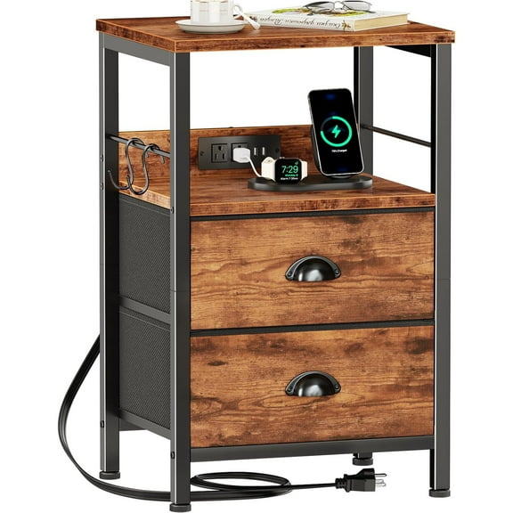 End Table with Charging Station, Nightstand with Fabric Drawers, Side Table with USB Ports & Outlets, Night Stand with Storage Shelf & Hooks, for Living Room/Bedroom, Rustic Brown