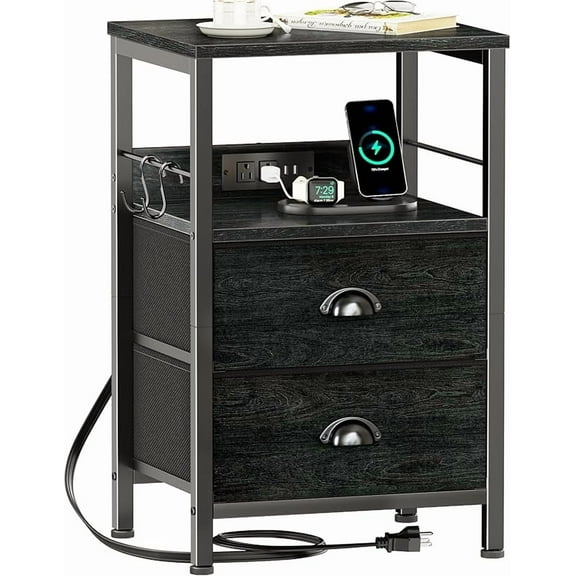 End Table with Charging Station, Nightstand with Fabric Drawers, Side Tables with USB Ports & Outlets, Night Stand with Storage Shelf & Hooks, for Living Room/Bedroom,