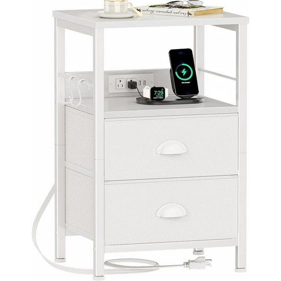 End Table with Charging Station, Nightstand with Fabric Drawers, Side Tables with USB Ports & Outlets, Night Stand with Storage Shelf & Hooks, for Living Room/Bedroom,