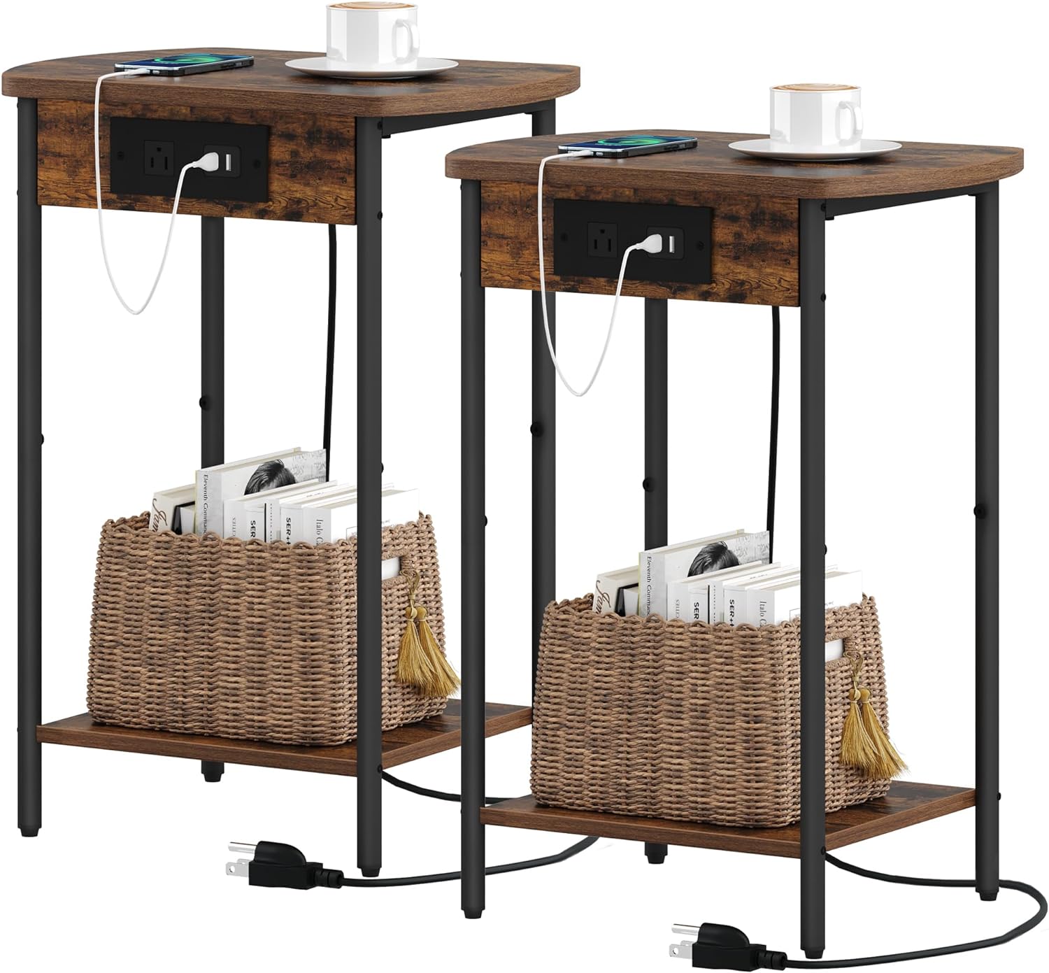 End Table with Charging Station, Set of 2, 2 Tier Storage Bed Side