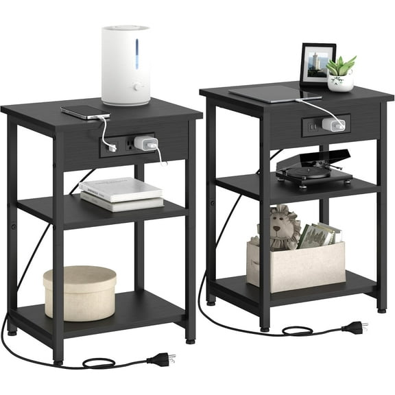 End Table with Charging Station Set of 2, 3 Tier Side Tables for Living Room Bedroom Office Small Space, Nightstand with Outlets & USB Ports, Bedside Table Sofa Table with Storage Shelves,Black