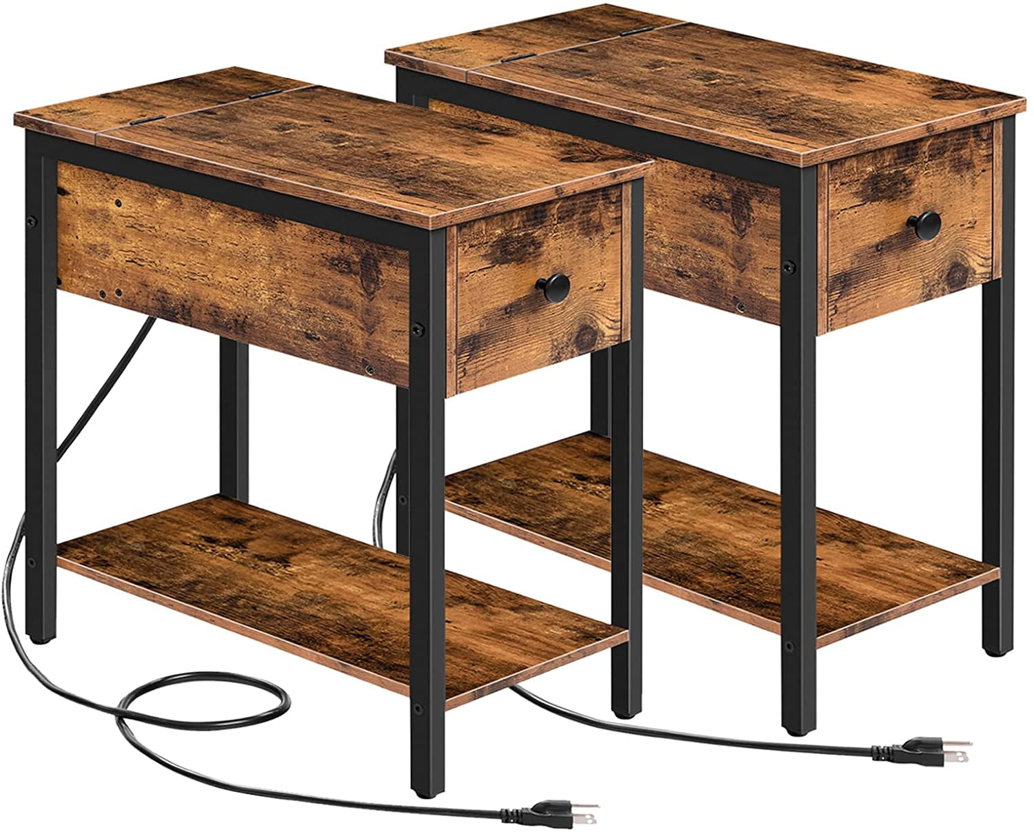 End Table with Charging Station, Set of 2 Narrow Side Table, Small ...