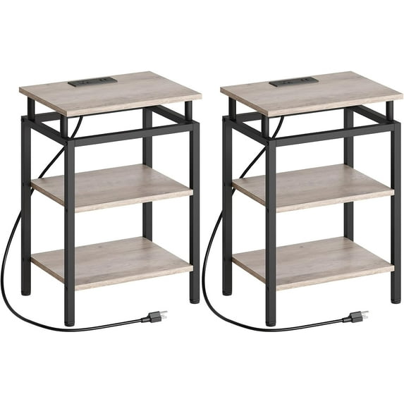End Table with Charging Station, Set of 2, Side Table with USB Ports and Outlets, Small Nightstand with 3-Tier Storage Shelf, Bedside Table for Small Spaces, Greige and Black