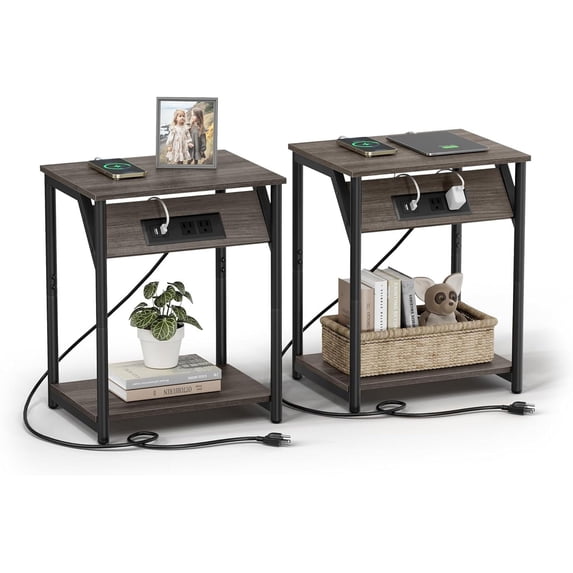 End Table with Charging Station, Set of 2, Small Side Tables for Living Room, Bedroom, Nightstand with Outlets and USB Ports, Bedside Table with Storage Shelf, Chestnut Brown and Black