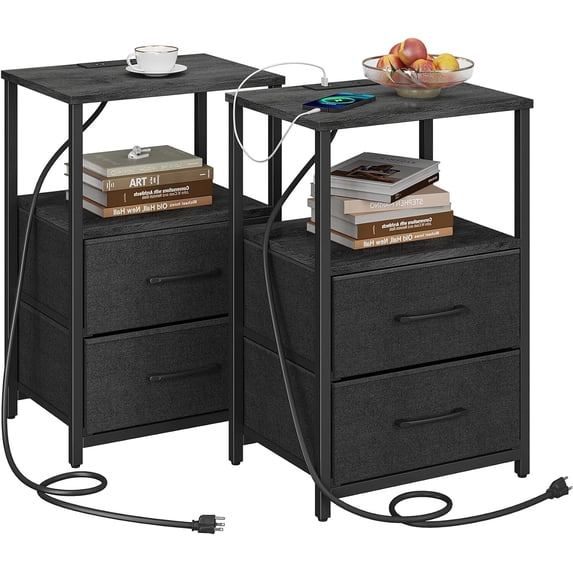End Table with Charging Station, Side Table with 2 USB Ports and Outlets, Nightstand with Cloth Drawer, Set of 2, Couch Table, Charcoal Grey TB01BY052