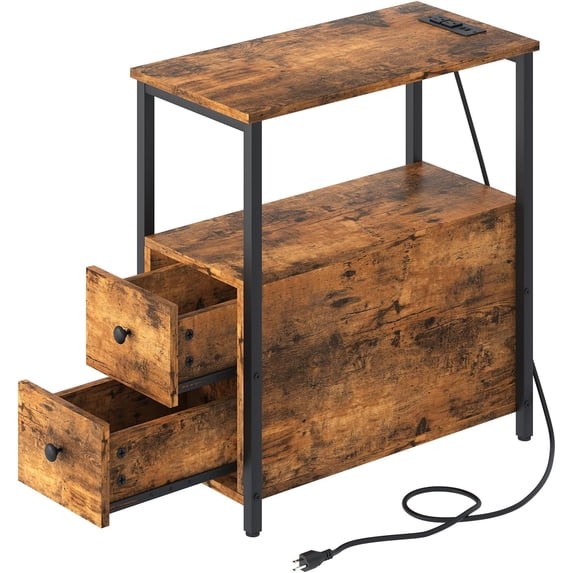 End Table with Charging Station, Side Table with 2 Wooden Drawers, Narrow 2-Tier Nightstand with USB Ports and Power Outlets, Nightstand Sofa Table for Small Spaces, Living Room, Bedroom, Rustic Brown