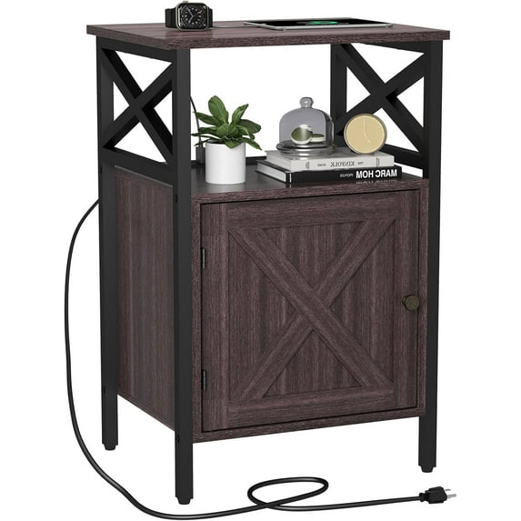 End Table with Charging Station, Side Table with Power Outlet & USB Ports, Nightstand with 2 Tiers Storage Space and Storage Cabinet, Sofa Side Tables for Bedroom, Living Room,Office, Cherry Red