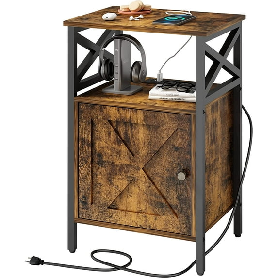 End Table with Charging Station, Side Table with Power Outlet & USB Ports, Nightstand with 2 Tiers Storage Space and Storage Cabinet, Sofa Side Tables for Bedroom, Living Room,Office,Brown