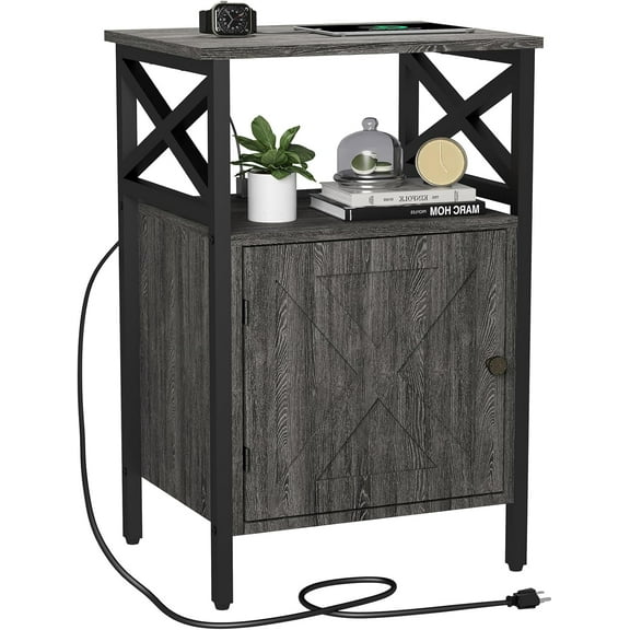 End Table with Charging Station, Side Table with Power Outlet & USB Ports, Nightstand with 2 Tiers Storage Space and Storage Cabinet, Sofa Side Tables for Bedroom, Living Room,Office, Grey