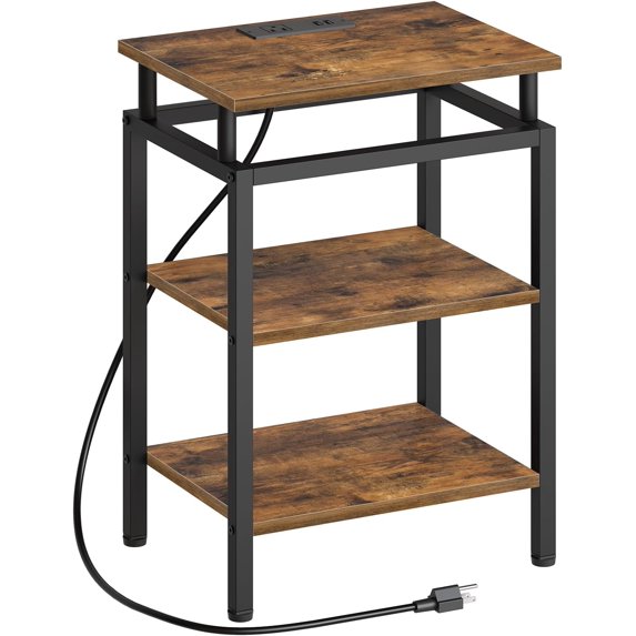 End Table with Charging Station, Side Table with USB Ports and Outlets, Small Nightstand with 3-Tier Storage Shelf, Bedside Table for Small Spaces, Living Room, Rustic Brown and Black