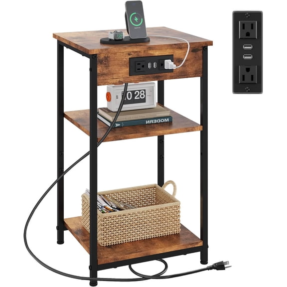 End Table with Charging Station, Small Night Stand with 3 Storage Shelves, Side Tables for Small Spaces, Bedside Tables for Living Room, Bedroom, Rustic Brown