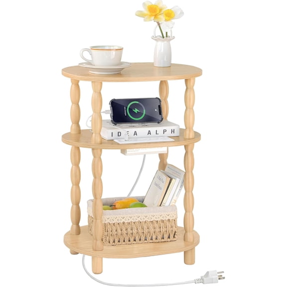 End Table with Charging Station, Small Oval Side Table for Small Spaces, Modern Accent Table Night Stand with Charging Station for Living Room, Bedroom, Natural