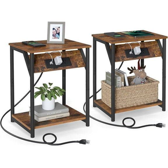 End Table with Charging Station,Small Side Tables for Living Room, Bedroom, Nightstand with Outlets and USB Ports, Bedside Table with Storage Shelf, Rustic Brown and Black
