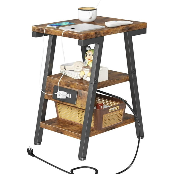 End Table with Charging Station, Small Side Tables with Lucky 7 Metal Shape, 3-Tier Nightstand with Outlets and USB Ports, Adjustable Leveling Feet, side Table for Living Room, Bedroom (Rustic Brown)