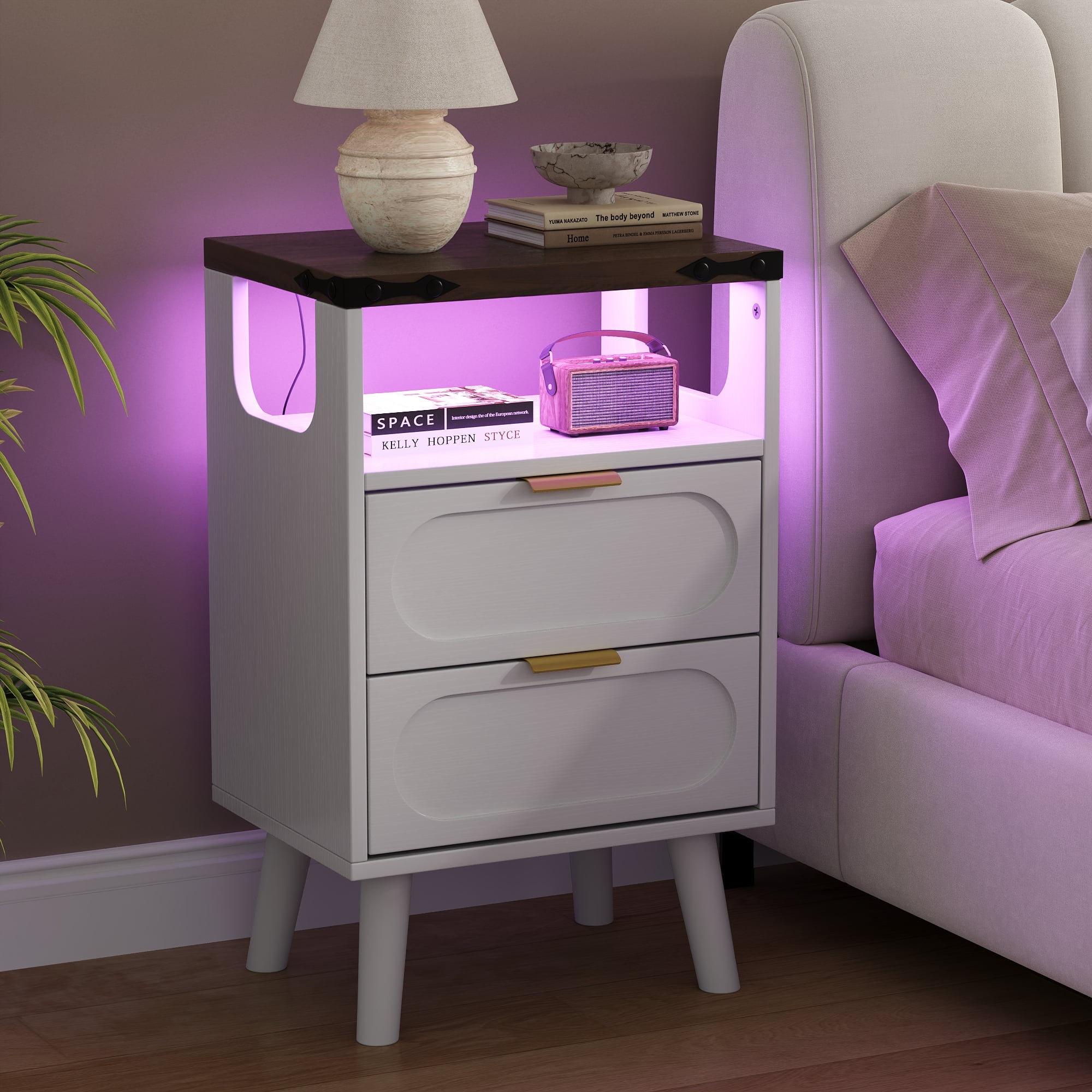 End Table with Charging Station, Smart LED Night Stand with 2 Wooden Drawers and Storage Shelf, Bedside Table with USB Ports & Outlets, for Living Room/Bedroom, White