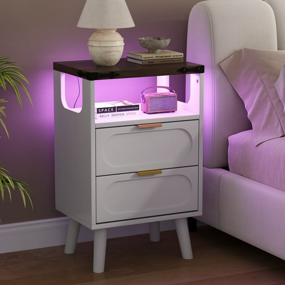 End Table with Charging Station, Smart LED Night Stand with 2 Wooden Drawers and Storage Shelf, Bedside Table with USB Ports & Outlets, for Living Room/Bedroom, White