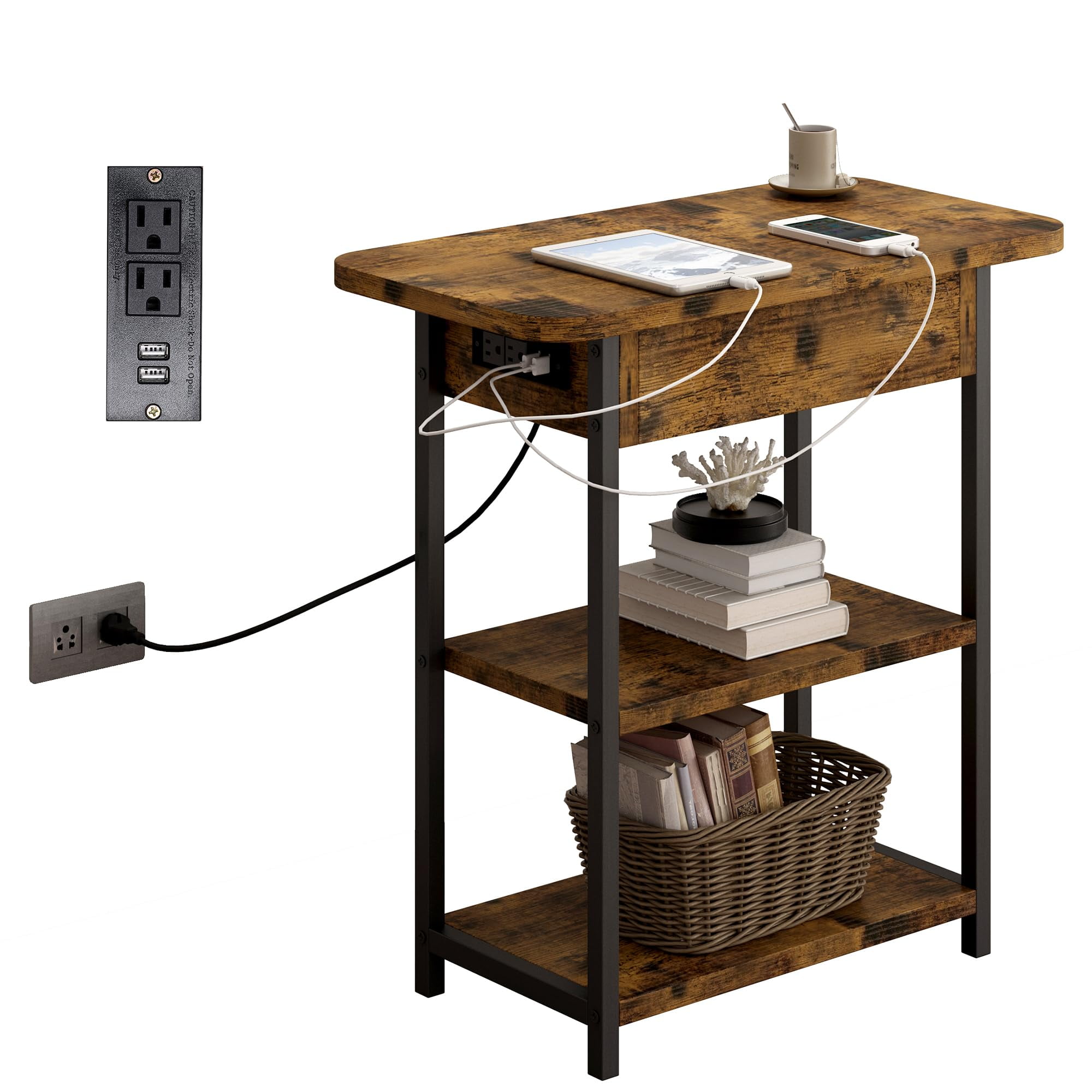 End Table with Charging Station, Sofa Couch Table with USB Ports and ...