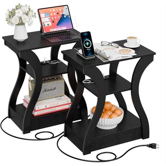 End Table with Charging Station Sofa Side Console Table with USB Ports and Outlets, 3 Tier End Table with Storage Shelf for Small Spaces Bedroom Living Room (Black, 2)