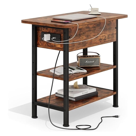 End Table with Charging Station, Top Side Table with USB Ports and Outlets, 3-Tier Small Side Table with Storage for Small Space, End Tables for Living Room/Bedroom, Brown