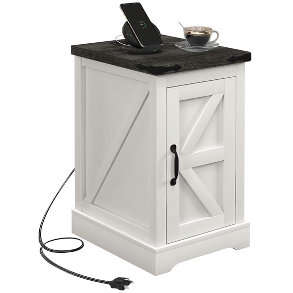 End Table with Charging Station and USB Ports, Farmhouse Side Table with Barn Door Storage Cabinet and Anti-Tipping Design, Particleboard Sofa Table, Distressed White, 14.2" x 17.3" x 25.2"