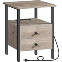 End Table with Charging Station and USB Ports, Side Table with 2 Drawers and Storage Shelf, Bedside Table for Small Spaces and Living Room, Greige and Black