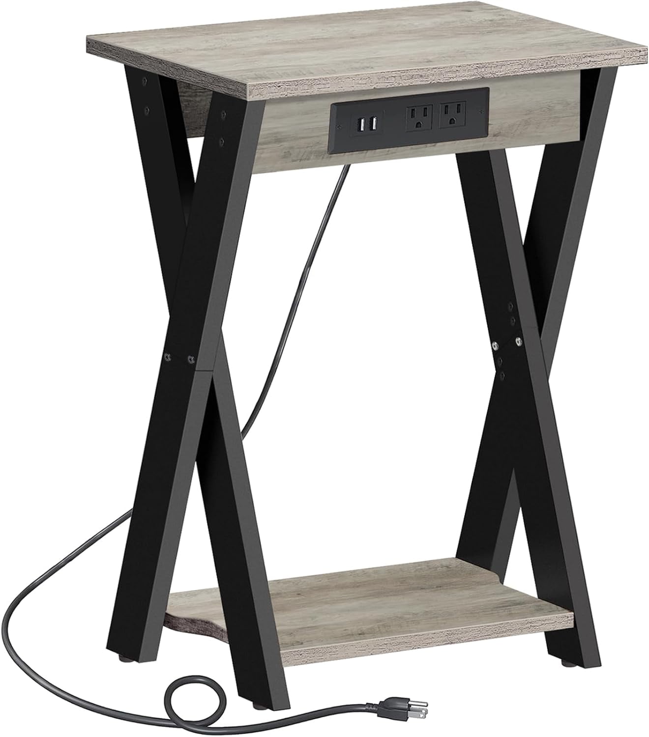 End Table with Charging Station, X Shaped Side Table with USB Ports and