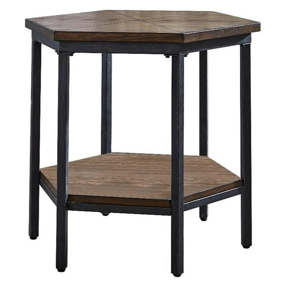 Ultimo Hexagon End Table, Veneers with Iron Base, Top and Bottom Shelves for Extra Storage, for Living Room, Home Office, 24" L x 24" W x 24" H, Brown