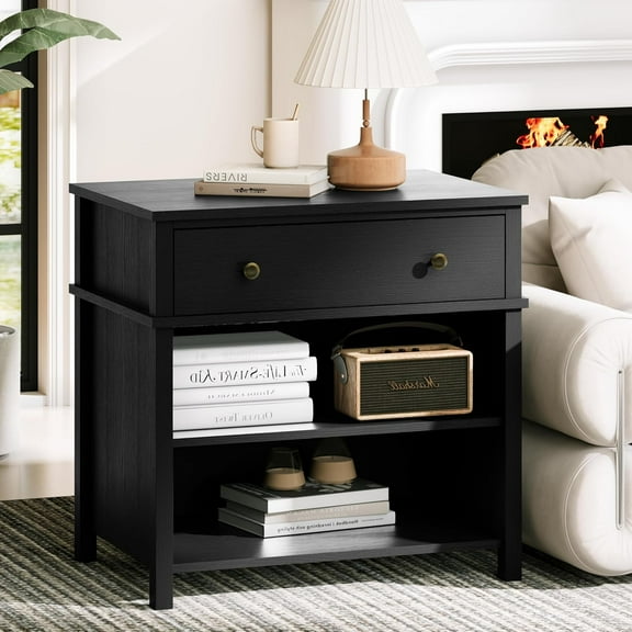 End Table with Drawer and 2 Tier Shelves, Wood Sofa Side Table for Living Room, Modern Nightstand Bedside Table for Bedroom, Small Console Table for Entryway, Hallway, Black