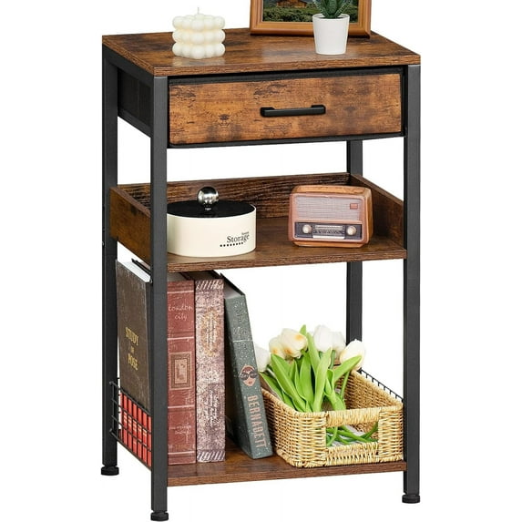 End Table with Fabric Drawer,3 Tier Industrial Wood Side Table with Storage,Modern Tall Printer Stand,Vintage Brown Nightstand,Rustic Bedside Tables for Living Room Bedroom Small Spaces