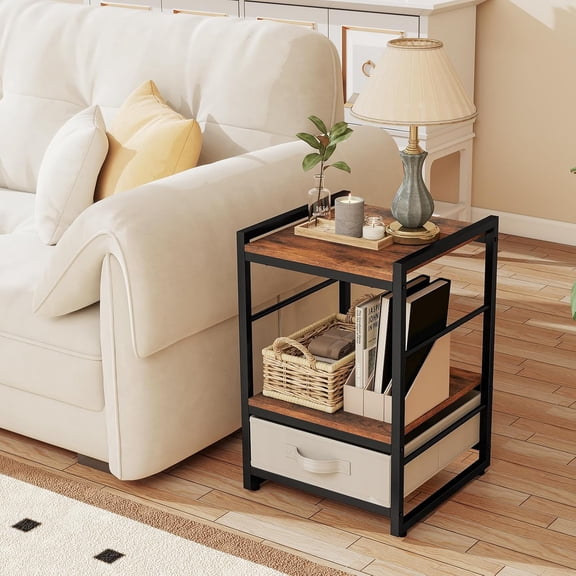 End Table with Fabric Drawer, Rectangular Sofa Side Table with Storage, Metal Frame, Industrial Record Player Stand, 3-Tier Nightstand for Living Room, Bedroom, Rustic Brown